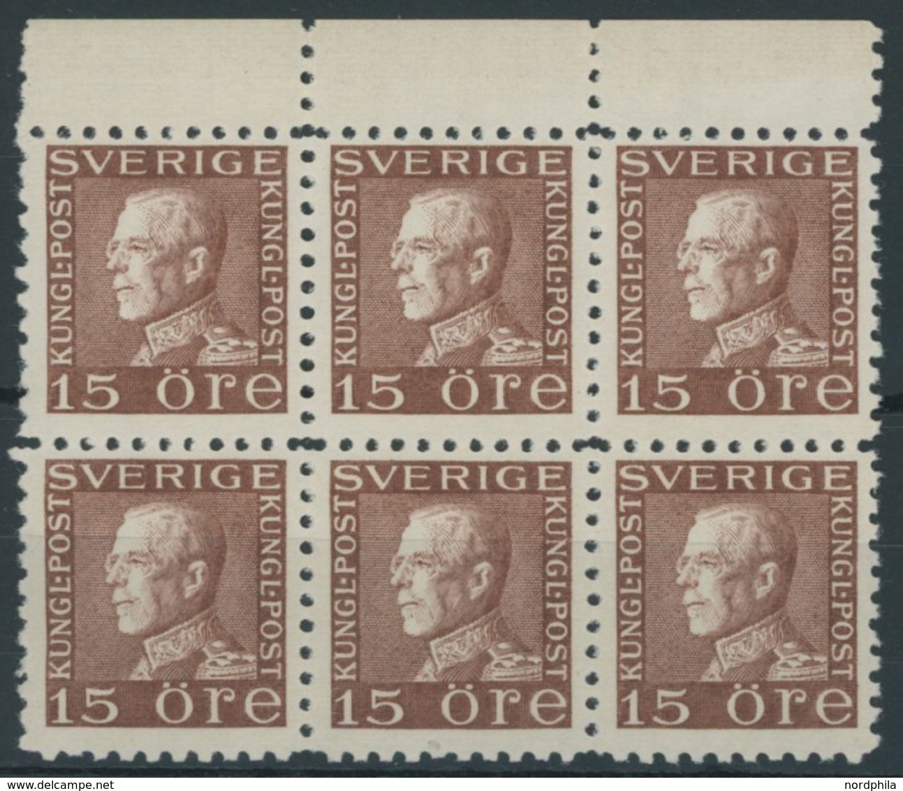 SCHWEDEN 180IIWB **, 1934, 15. Ö. Braun, Weißes Papier, Vierseitig Gezähnt, Im Oberrandsechserblock. Postfrisch, Pracht, - Prefilatelia