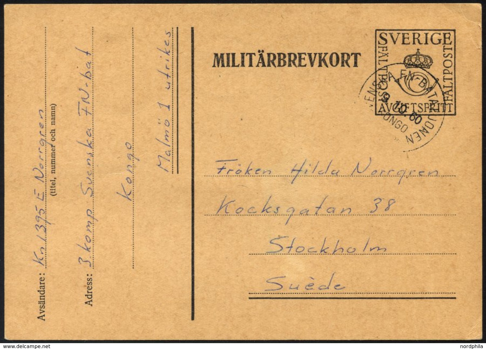 SCHWEDEN 1960, K1 SVENSKA FN-BATAILONEN/KONGO Auf Feldpost-Vordruckkarte Des Schwedischen UN-Kontingentes Aus Dem Kongo, - Prefilatelia