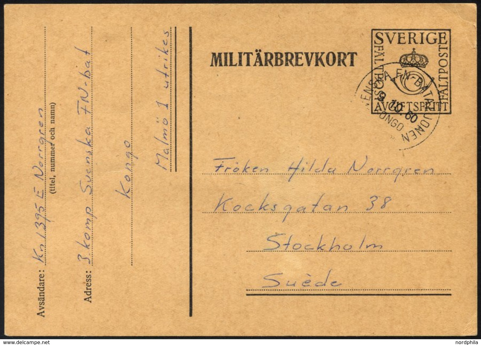 SCHWEDEN 1960, K1 SVENSKA FN-BATAILONEN/KONGO Auf Feldpost-Vordruckkarte Des Schwedischen UN-Kontingentes Aus Dem Kongo, - ... - 1855 Préphilatélie