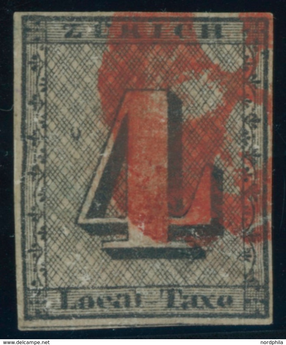 ZÜRICH 1I O, 1843, 4 Rp. Schwarz/dunkelbräunlichrot, Linienunterdruck Senkrecht, Type IV, Rote Rosette, Mit Plattenfehle - 1843-1852 Timbres Cantonaux Et  Fédéraux