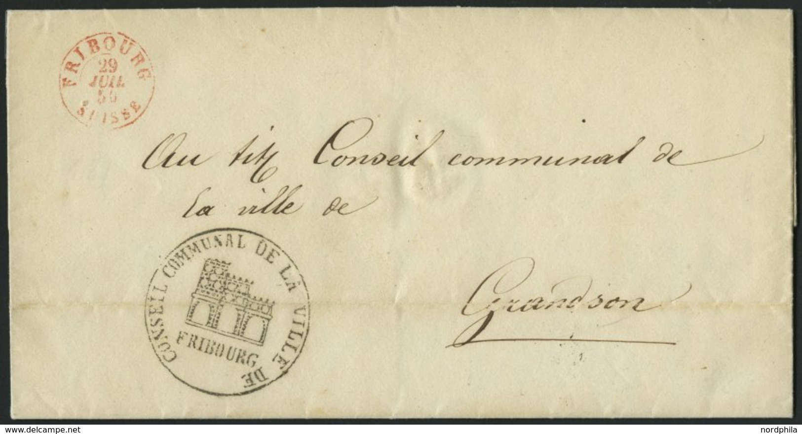 SCHWEIZ BUNDESPOST 1850, Dienstbrief Mit Rotem K2 Aus FRIBOURG Mit Inhalt Nach Grandson, Dekorativer Siegelstempel Der S - 1843-1852 Federale & Kantonnale Postzegels