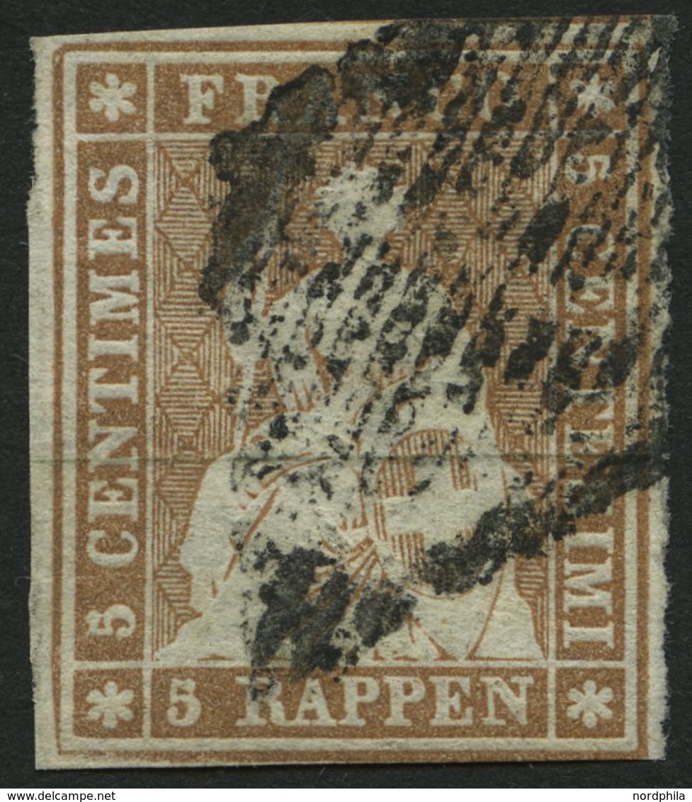 SCHWEIZ BUNDESPOST 13Ib O, 1854, 5 Rp. Braun, 2. Münchener Druck, (Zst. 22A3a), Unten Rechts Berührt Sonst Allseits Voll - 1843-1852 Federale & Kantonnale Postzegels