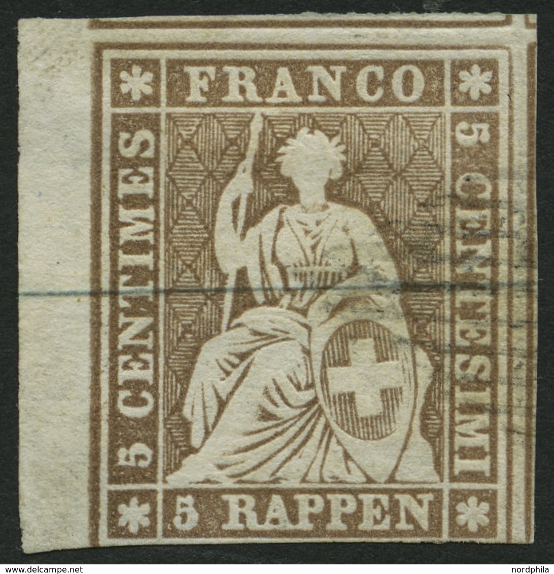 SCHWEIZ BUNDESPOST 13IIAym O, 1854, 5 Rp. Graubraun, Berner Druck I, (Zst. 22B), Linkes Randstück, Unten Etwas Angeschni - 1843-1852 Correos Federales Y Cantonales