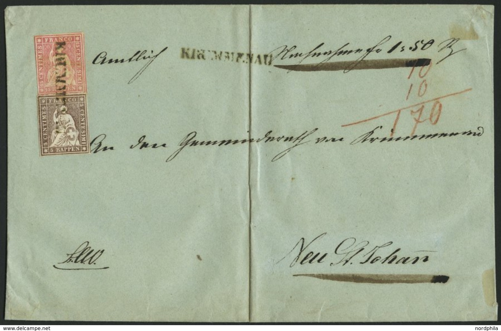 SCHWEIZ BUNDESPOST 13/15IIBym BRIEF, 1859, 5 Rp. Graubraun (allseits Vollrandig) Mit 15 Rp. Rosa (dreiseitig Vollrandig) - 1843-1852 Poste Federali E Cantonali