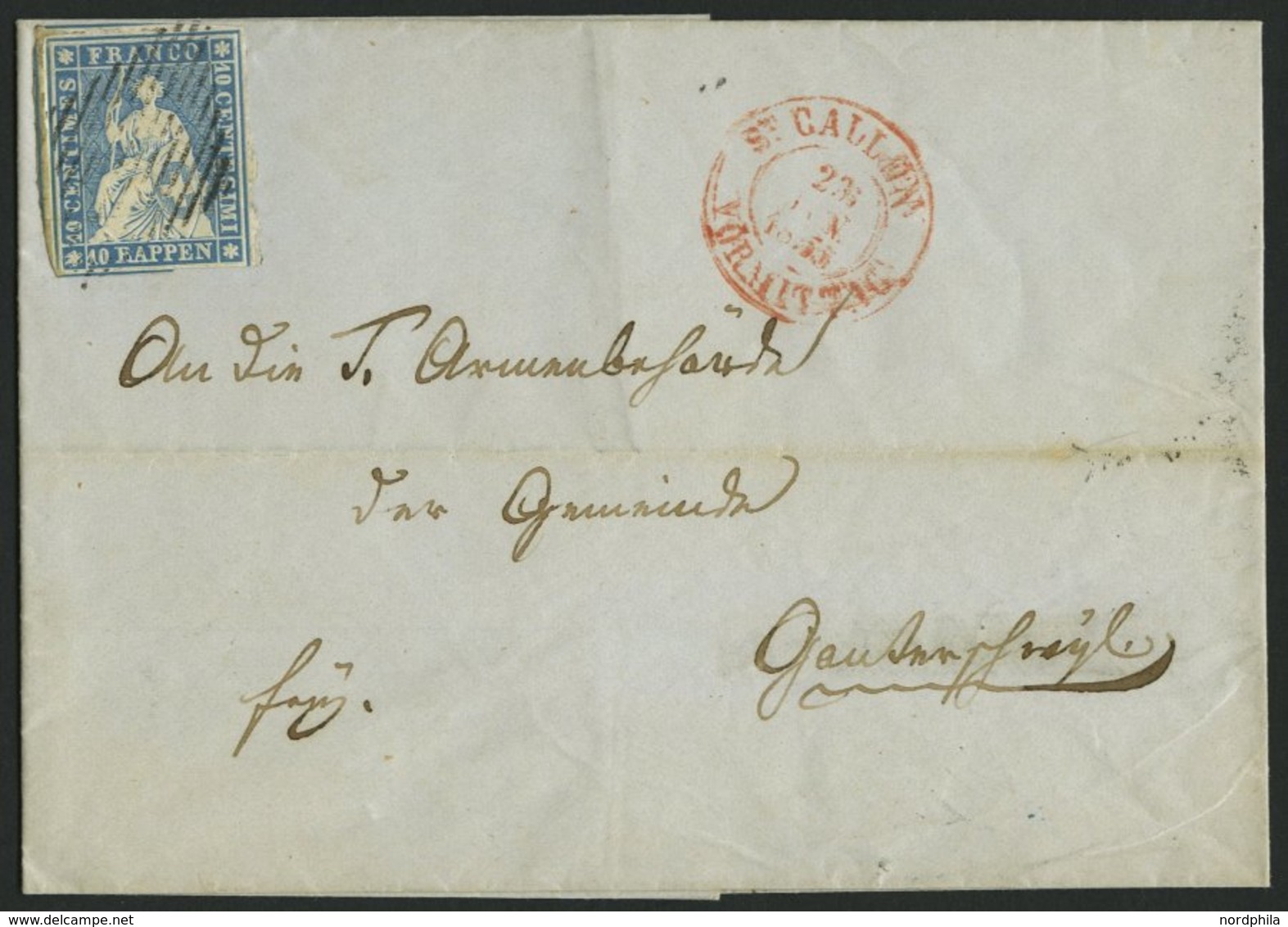 SCHWEIZ BUNDESPOST 14Ib BRIEF, 1855, 10 Rp. Mittelblau, 2. Münchner Druck, (Zst. 23Ac), Dreiseitig Breitrandig Auf Brief - 1843-1852 Timbres Cantonaux Et  Fédéraux