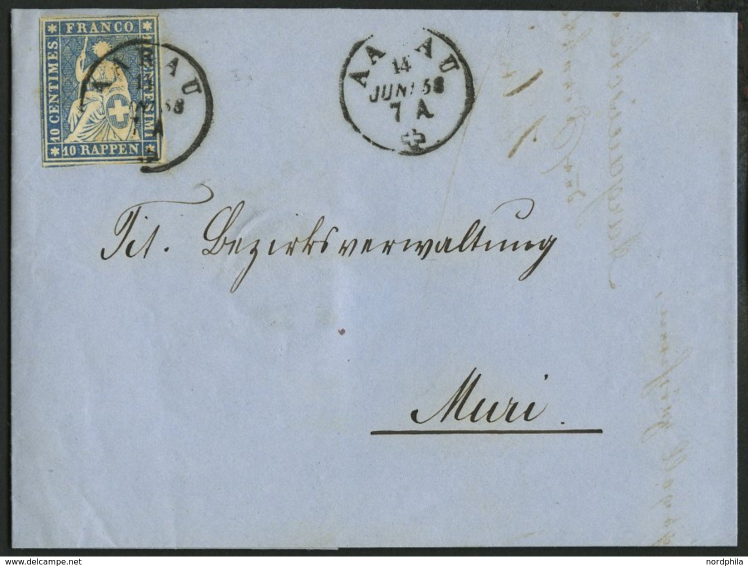 SCHWEIZ BUNDESPOST 14IIByo BRIEF, 1858, 10 Rp. Lebhaftblau, Dunkelroter Seidenfaden, Berner Druck I, (Zst. 23C), Vollran - 1843-1852 Federale & Kantonnale Postzegels