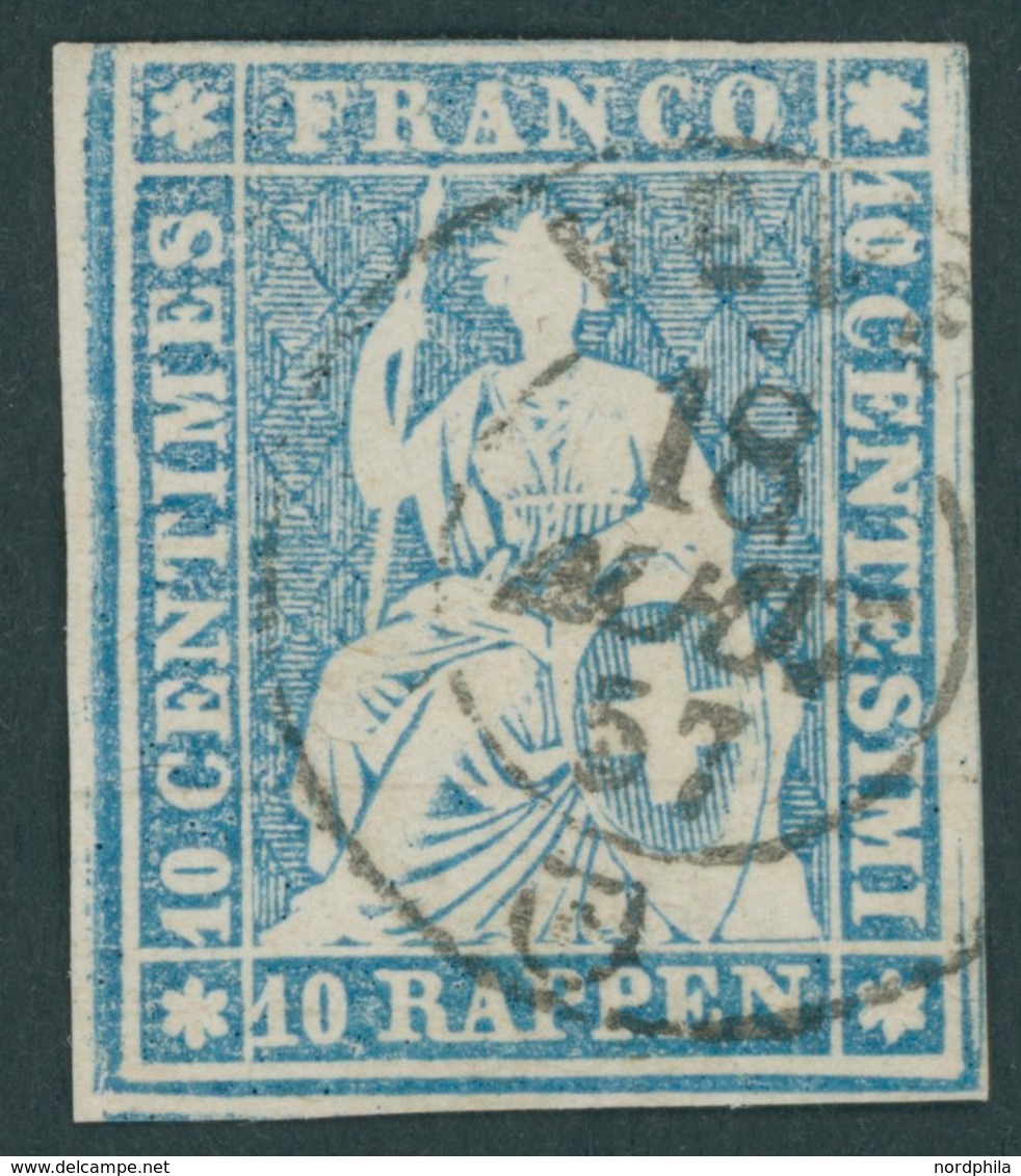SCHWEIZ BUNDESPOST 14IIByoPF III O, 1855, 10 Rp. Blau, Roter Seidenfaden, Berner Druck II, (Zst. 23Cd), Doppelprägung, D - 1843-1852 Correos Federales Y Cantonales
