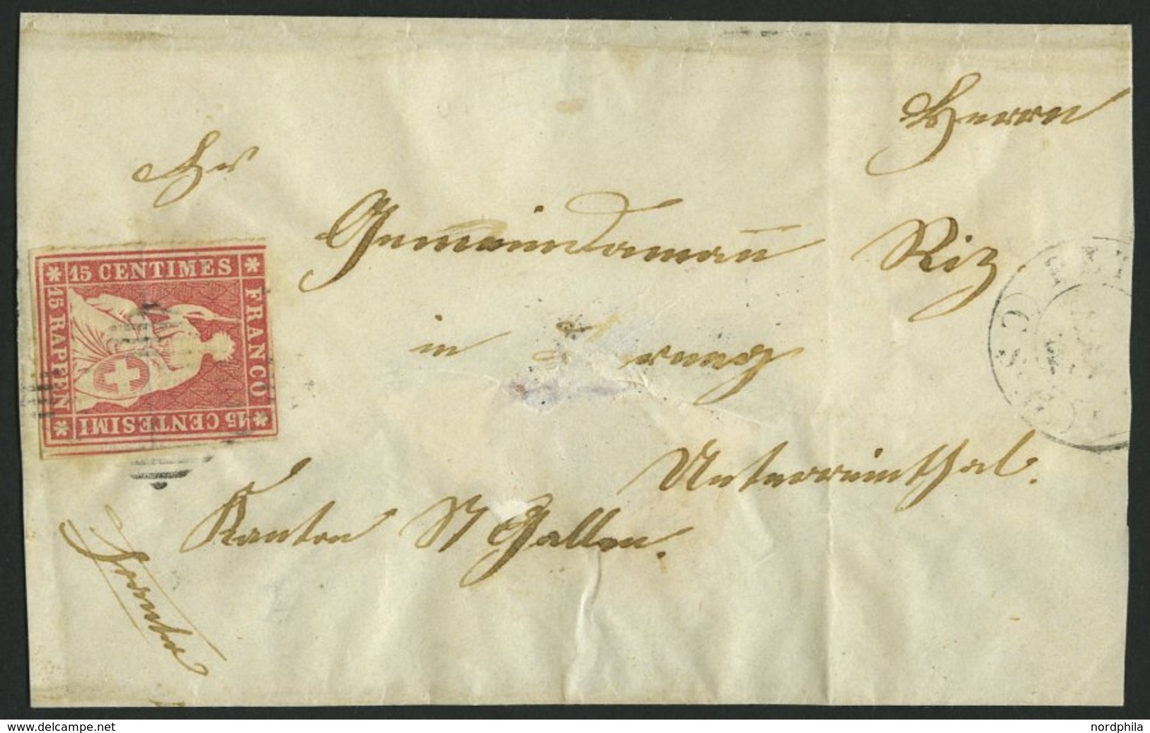 SCHWEIZ BUNDESPOST 15Ib BRIEF, 1855, 15 Rp. Hellilakarmin, 2. Münchner Druck, (Zst. 24Ad), Oben Teils Angeschnitten Sons - 1843-1852 Correos Federales Y Cantonales