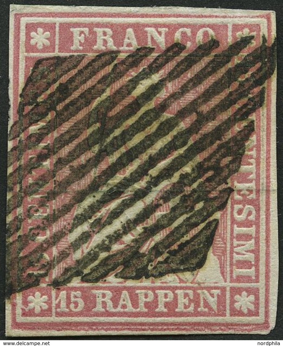 SCHWEIZ BUNDESPOST 15IIByp O, 1857, 15 Rp. Rosa, Blauer Seidenfaden, Berner Druck II, (Zst. 24Da), Allseits Breitrandig, - 1843-1852 Timbres Cantonaux Et  Fédéraux