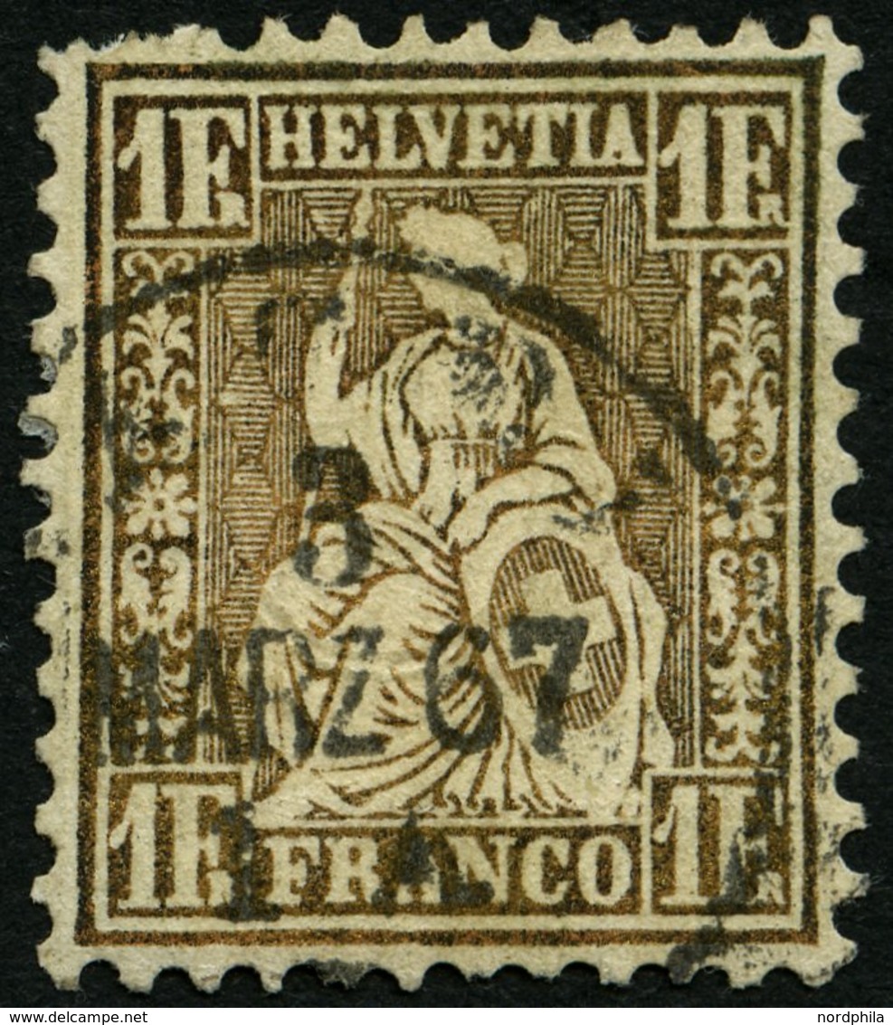 SCHWEIZ BUNDESPOST 28a O, 1863, 1 Fr. Goldbronze (gelblich), Feinst (kleine Zahnfehler), Mi. 420.- - 1843-1852 Poste Federali E Cantonali