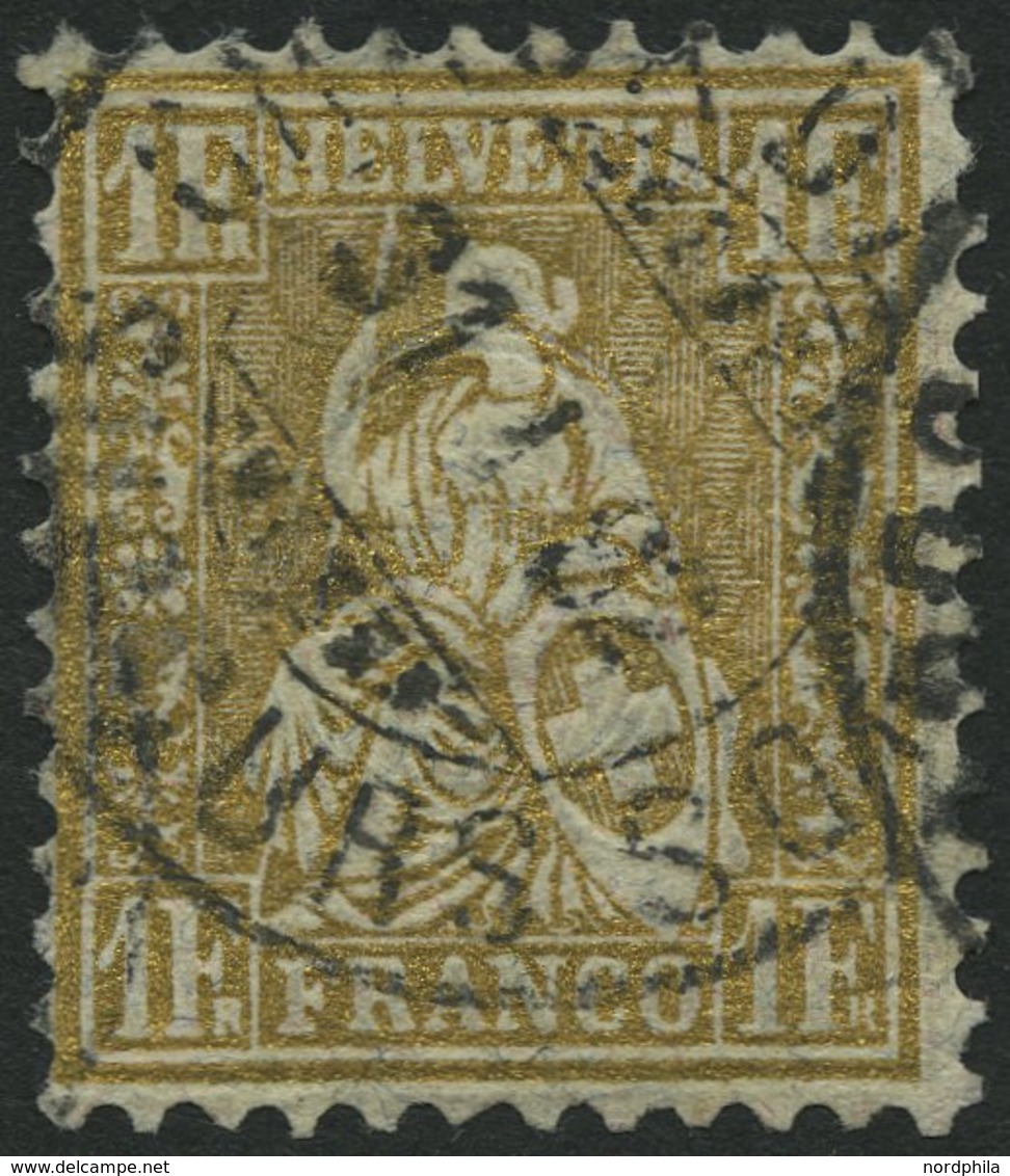 SCHWEIZ BUNDESPOST 44 O, 1881, 1 Fr. Gold, Faserpapier, K2 CHAUX DE FONDS SUCCURS, üblich Gezähnt Pracht, Fotoattest Her - 1843-1852 Timbres Cantonaux Et  Fédéraux