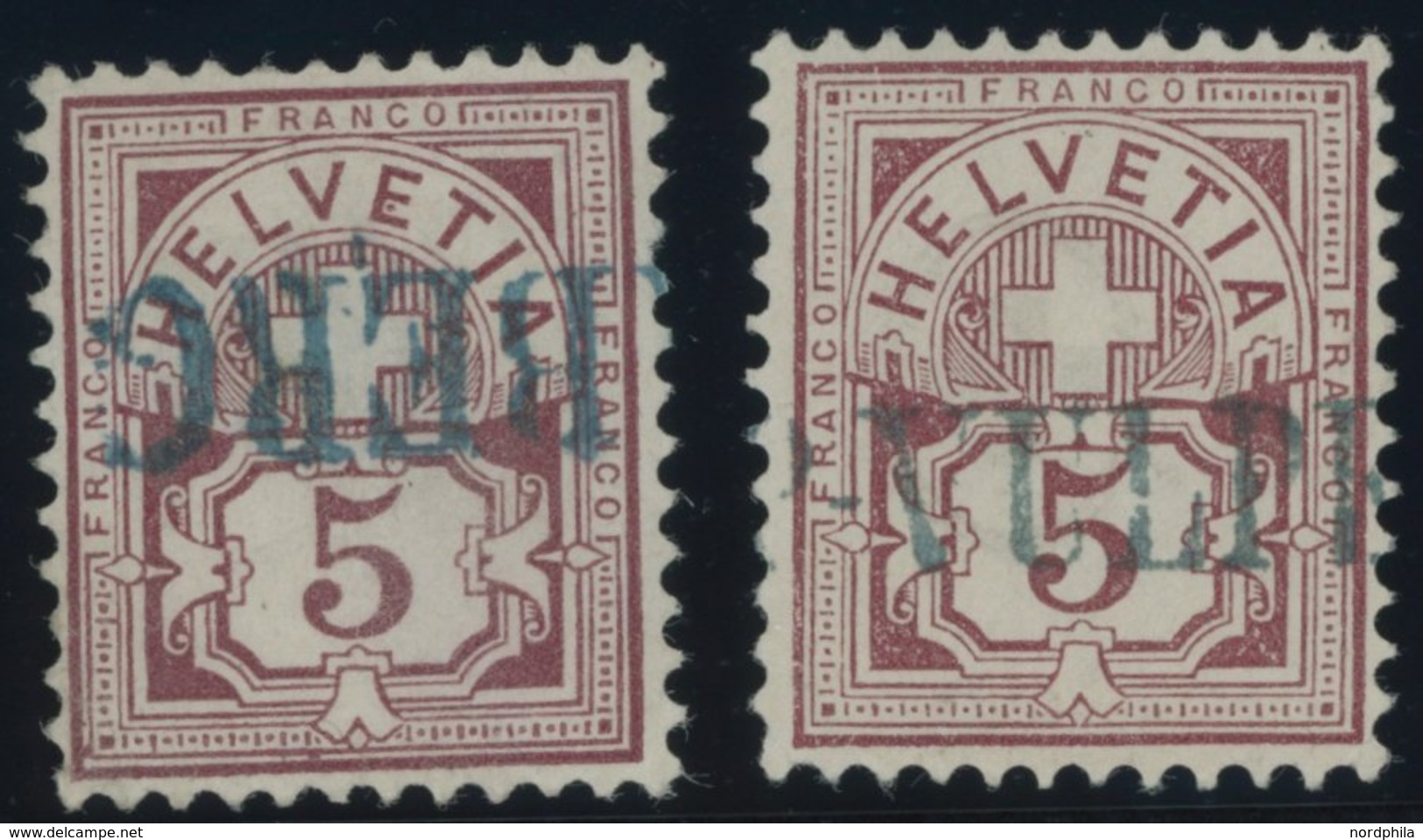 SCHWEIZ BUNDESPOST 46 O, 1882, 5 C. Lilabraun, 2 Werte Mit Verschiedenen Blauen L1, Feinst/Pracht, Mi. 240.- - 1843-1852 Timbres Cantonaux Et  Fédéraux