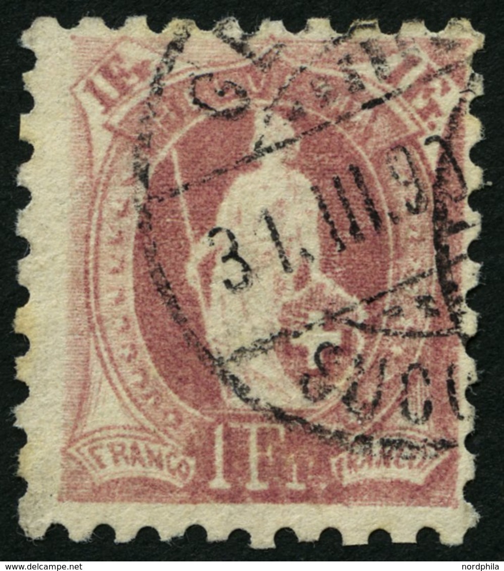 SCHWEIZ BUNDESPOST 63B O, 1882, 1 Fr. Lila, Gezähnt K 9 3/4:91/4, üblich Gezähnt Pracht, Mi. 100.- - 1843-1852 Timbres Cantonaux Et  Fédéraux