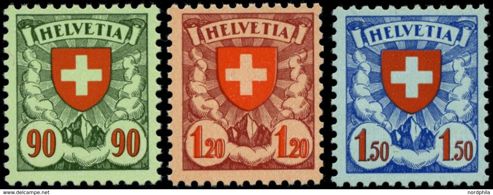 SCHWEIZ BUNDESPOST 194-96y **, 1940, 90 C. - 1.50 Fr. Wappen, Glatter Gummi, 3 Prachtwerte, Mi. 150.- - 1843-1852 Correos Federales Y Cantonales