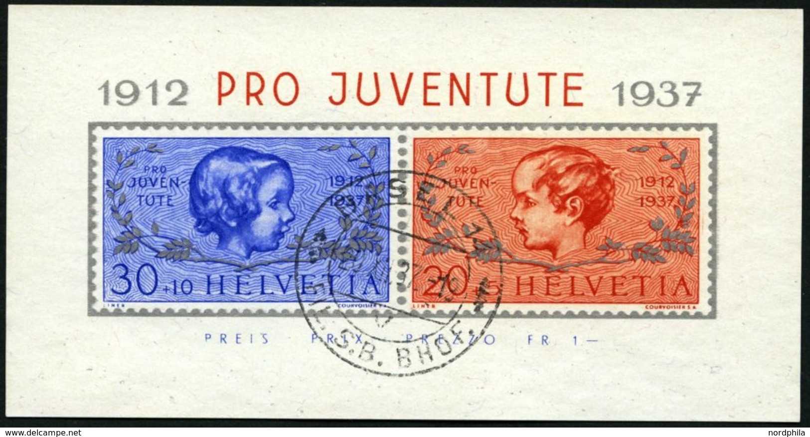 SCHWEIZ BUNDESPOST Bl. 3 O, 1937, Block Pro Juventute, Ersttagsstempel, Pracht, Gepr. Abt, Mi. 65.- - 1843-1852 Federal & Cantonal Stamps