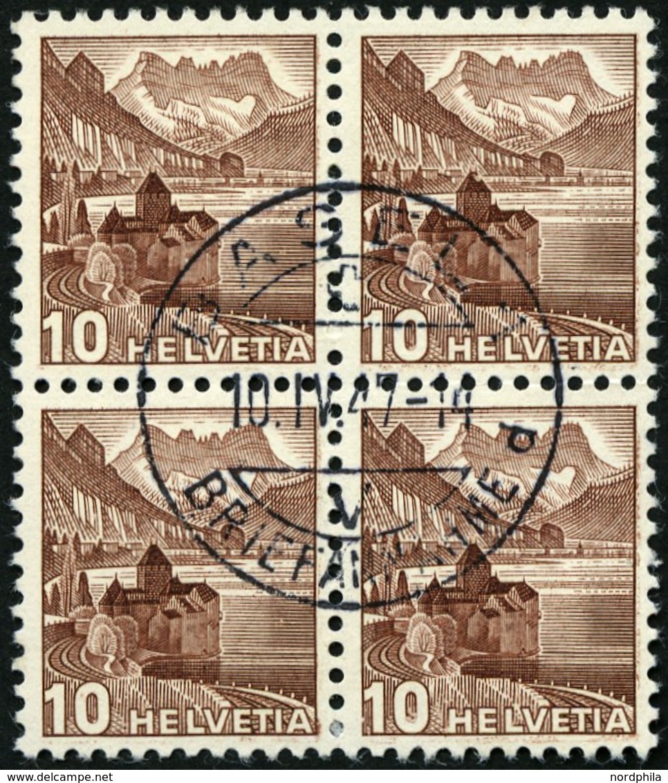 SCHWEIZ BUNDESPOST 363z VB O, 1940, 10 C. Dunkelrötlichbraun, Geriffelter Gummi, Im Zentrisch Gestempelten Viererblock,  - 1843-1852 Timbres Cantonaux Et  Fédéraux