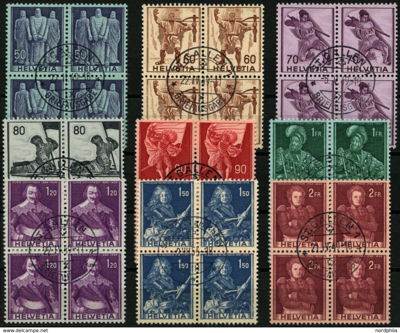 SCHWEIZ BUNDESPOST 377-85 VB O, 1941, Historische Darstellungen In Zentrisch Gestempelten Viererblocks, Prachtsatz - 1843-1852 Federal & Cantonal Stamps