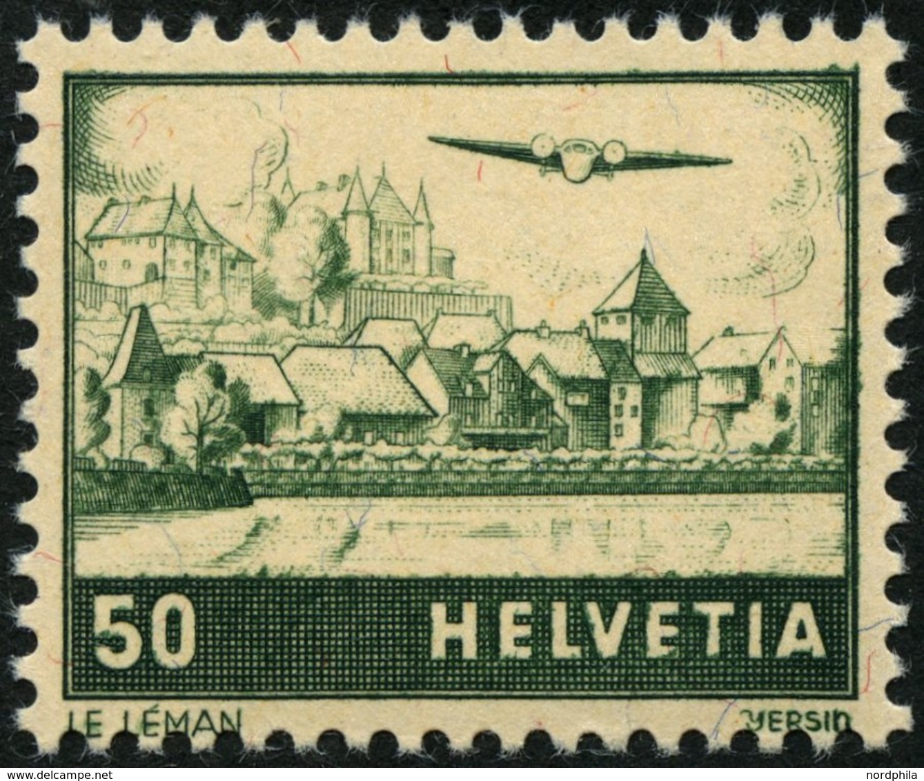 SCHWEIZ BUNDESPOST 389I **, 1941, 50 C. Flugzeug über Landschaften Mit Abart Dach Des Rechten Hauses Weiß, Pracht, Mi. 1 - 1843-1852 Correos Federales Y Cantonales