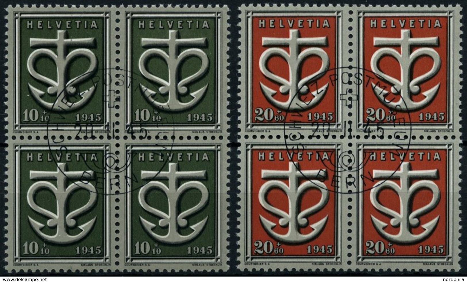 SCHWEIZ BUNDESPOST 443/4 VB O, 1945, Kriegsgeschädigte In Viererblocks Mit Zentrischen Ersttags-Sonderstempeln, Pracht - 1843-1852 Timbres Cantonaux Et  Fédéraux