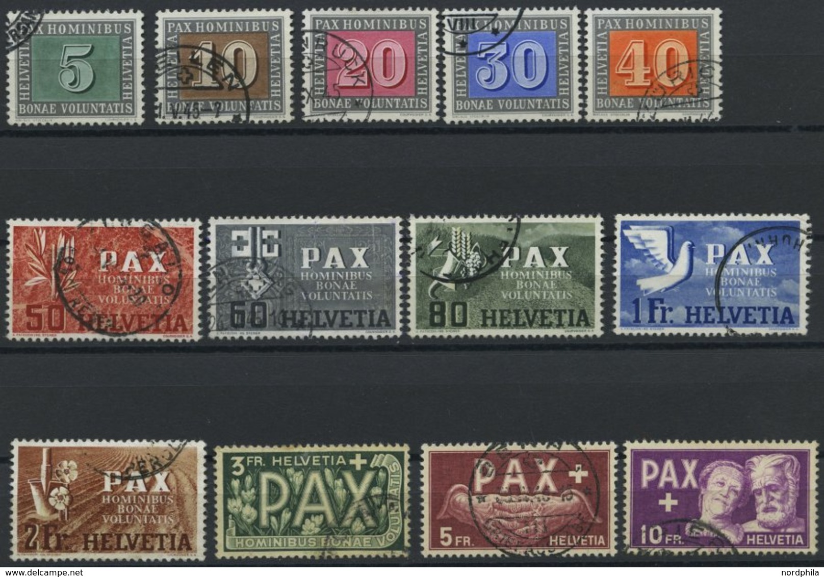 SCHWEIZ BUNDESPOST 447-59 O, 1945, PAX, Satz Feinst/Pracht, Mi. 1000.- - 1843-1852 Correos Federales Y Cantonales