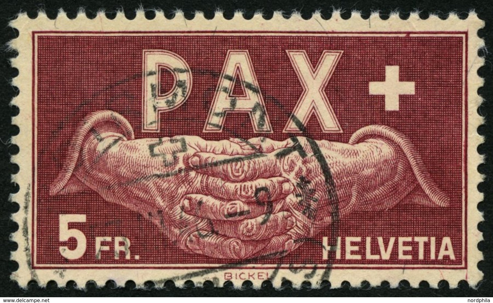 SCHWEIZ BUNDESPOST 458 O, 1945, 5 Fr. PAX, Pracht, Mi. 360.- - 1843-1852 Correos Federales Y Cantonales