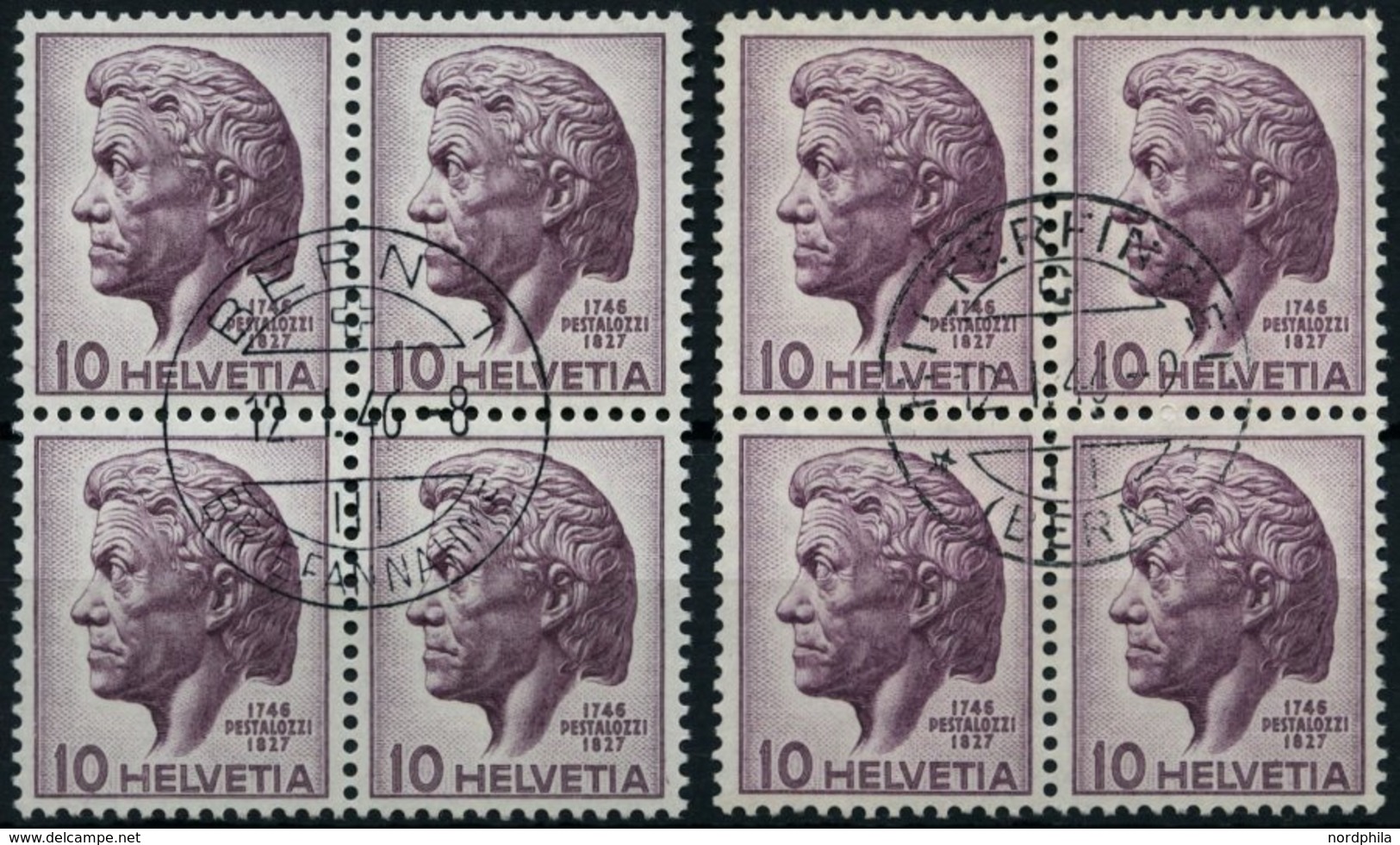 SCHWEIZ BUNDESPOST 469 VB O, 1946, 10 C. Pestalozzi, 2 Viererblocks Mit Zentrischen Ersttagsstempeln (Bern Und Hilterfin - 1843-1852 Timbres Cantonaux Et  Fédéraux