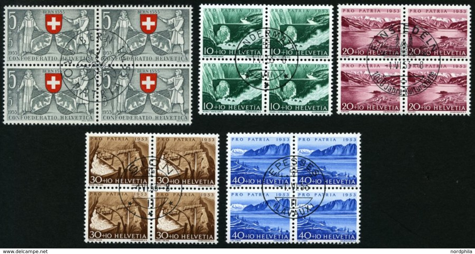 SCHWEIZ BUNDESPOST 580-84 VB O, 1953, Pro Patria In Viererblocks Mit Zentrischen Ersttagsstempeln, Prachtsatz - 1843-1852 Federal & Cantonal Stamps