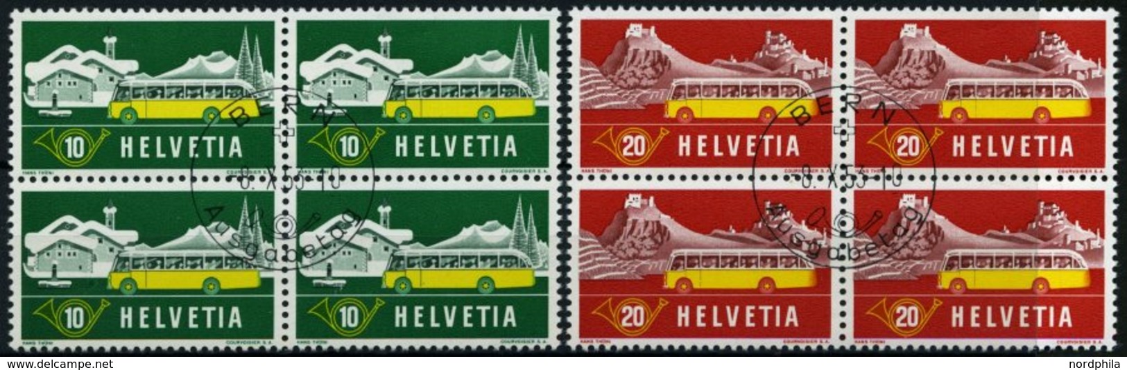 SCHWEIZ BUNDESPOST 586/7 VB O, 1953, Alpenpost In Viererblocks Mit Zentrisch Gestempelten Ersttagsstempeln, Pracht - 1843-1852 Kantonalmarken Und Bundesmarken