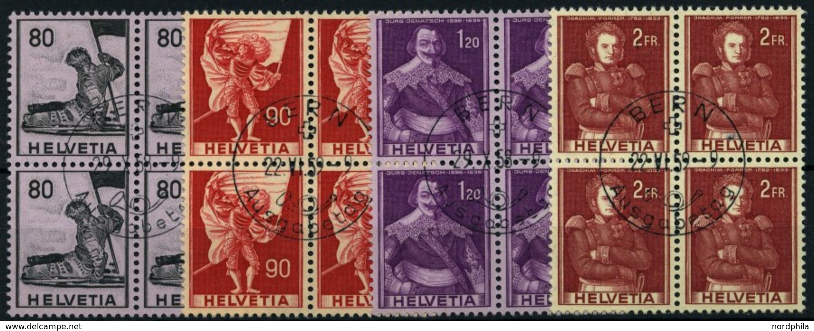 SCHWEIZ BUNDESPOST 683-86 VB O, 1958, Historische Darstellungen In Viererblocks Mit Zentrischen Ersttagsstempeln, Pracht - 1843-1852 Kantonalmarken Und Bundesmarken