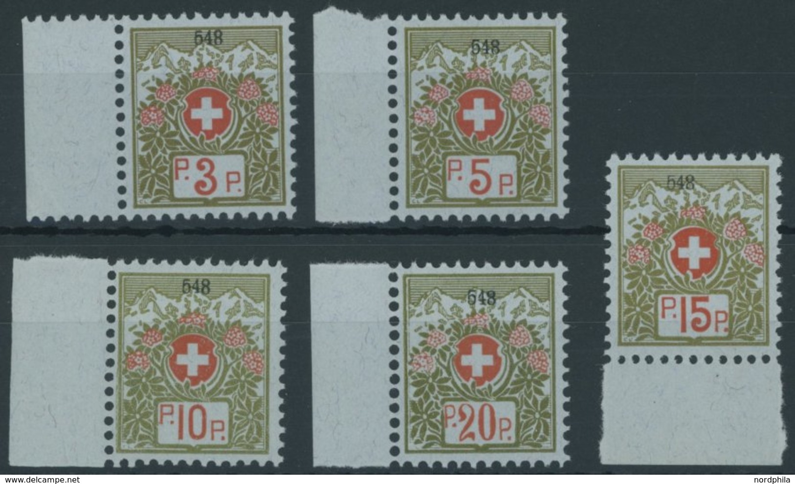 PORTOFREIHEITSMARKEN Pf 3-7I **, 1911-21, 3 - 20 C. Alpenrose, Kleine Kontrollnummer, 5 Postfrische Prachtwerte, Mi. 70. - Franchise