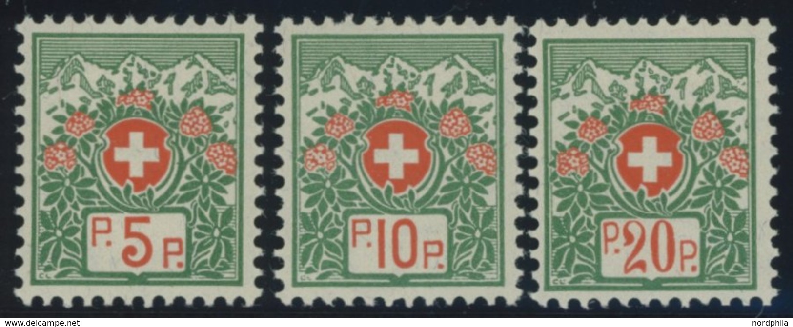 PORTOFREIHEITSMARKEN Pf 11-13II *, 1927, 5 - 20 C. Alpenrose, Faserpapier, Ohne Kontrollnummer, Falzreste, Prachtsatz - Franquicia