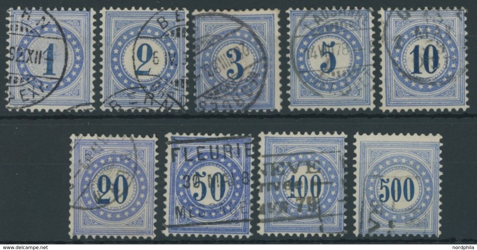 PORTOMARKEN P 1-9 O, 1878, 1 - 250 C. Blau/dunkelblau, Prachtsatz, Mi. 90.- - Segnatasse