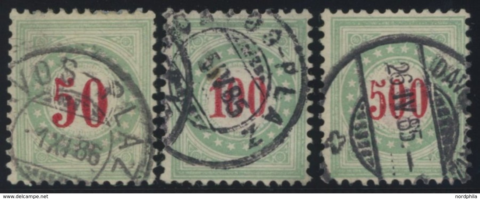 PORTOMARKEN P 20-22IIAXaK O, 1883, 50 - 500 C. Opalgrün/rot, 3 Werte, Feinst, Mi. 620.- - Impuesto