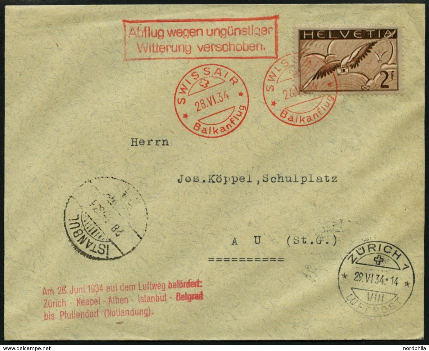 LUFTPOST SF 34.3 BRIEF, 28.6.1934, Swissair Balkanflug Nach Istanbul, Frankiert Mit Mi.Nr. 245z, Prachtbrief - Premiers Vols