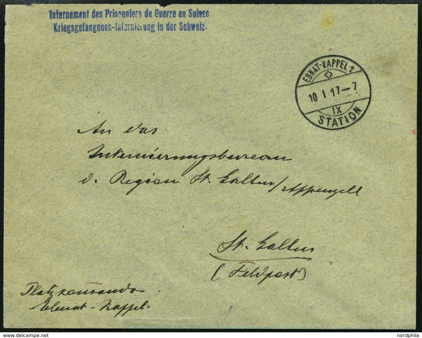 MILITÄRFELDPOST 1917, Brief Eines Internierten Kriegsgefangenen Aus Dem Lager EBNAT-KAPPEL Nach St. Gallen, Mit Blauem L - Autres & Non Classés