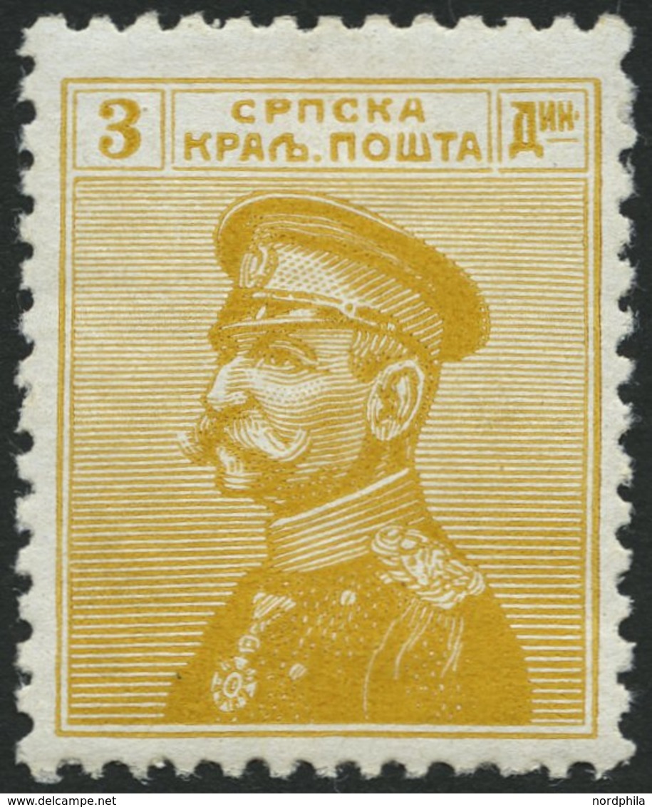 SERBIEN 128 *, 1914, 3 Din. Gelb, Falzrest, Pracht, Mi. 190.- - Serbien