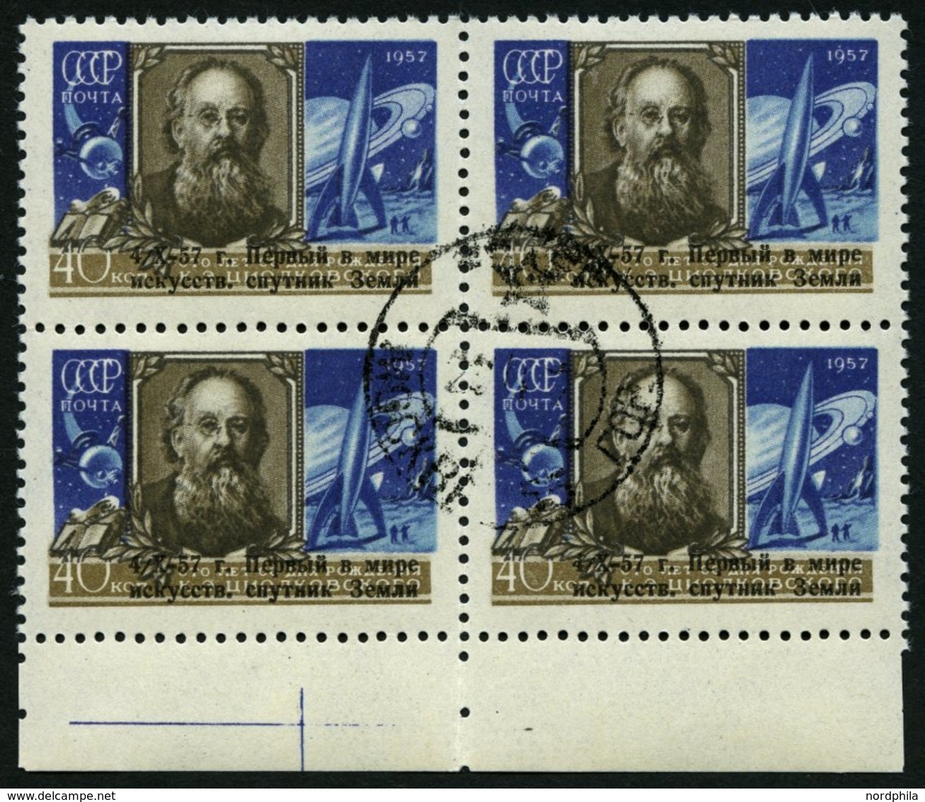 SOWJETUNION 2026 VB O, 1957, 40 K. Sputnik I Im Randviererblock, Pracht, Mi. 140.- - Usati