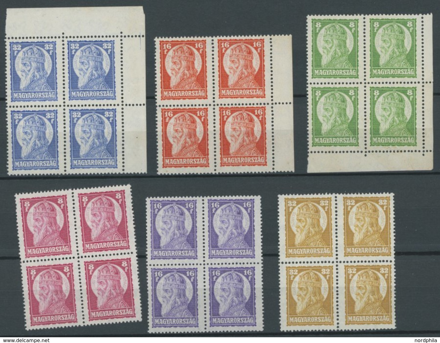 UNGARN 438-40,55-57 VB **, 1928, Heiliger Stephan In Viererblocks, 2 Postfrische Prachtsätze, Mi. 64.- - Other & Unclassified
