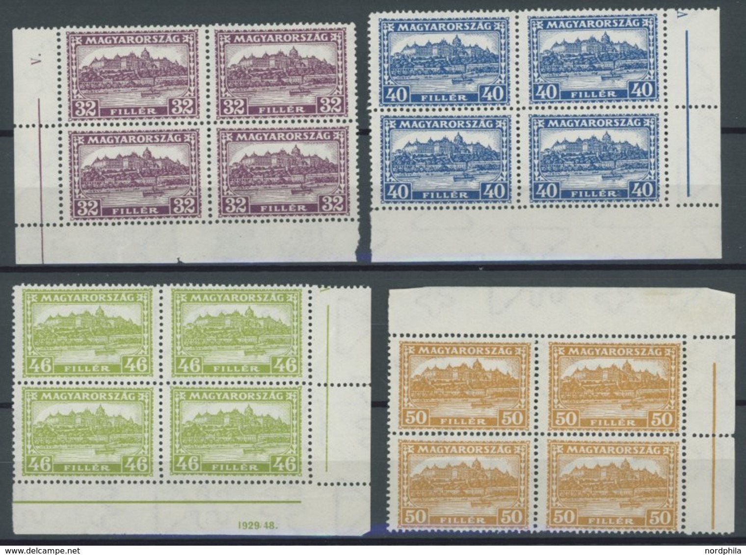 UNGARN 451-54 VB **, 1929/31, 32 - 50 F. Königliche Burg In Eckrandviererblocks, 4 Postfrische Prachtwerte, Mi. 120.- - Otros & Sin Clasificación