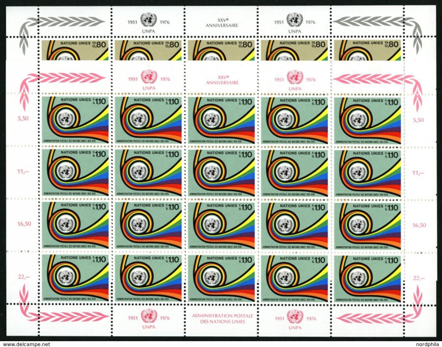 UNO - GENF 60/1KB **, 1976, 25 Jahre Postverwaltung Im Kleinbogensatz (20), Pracht, Mi. 80.- - Other & Unclassified