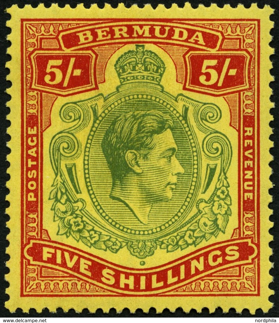 BERMUDA-INSELN 113a *, 1938, 5 Sh. Rot/grün Auf Gelb (SG 118), Falzrest, Pracht, SG  140.- - Bermudas