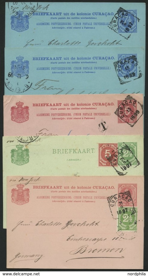 CURACAO 1897-99, 5 Gebrauchte Ganzsachenkarten Nach Deutschland, 2 Mit Zusatzfrankaturen, Pracht - Curacao, Netherlands Antilles, Aruba