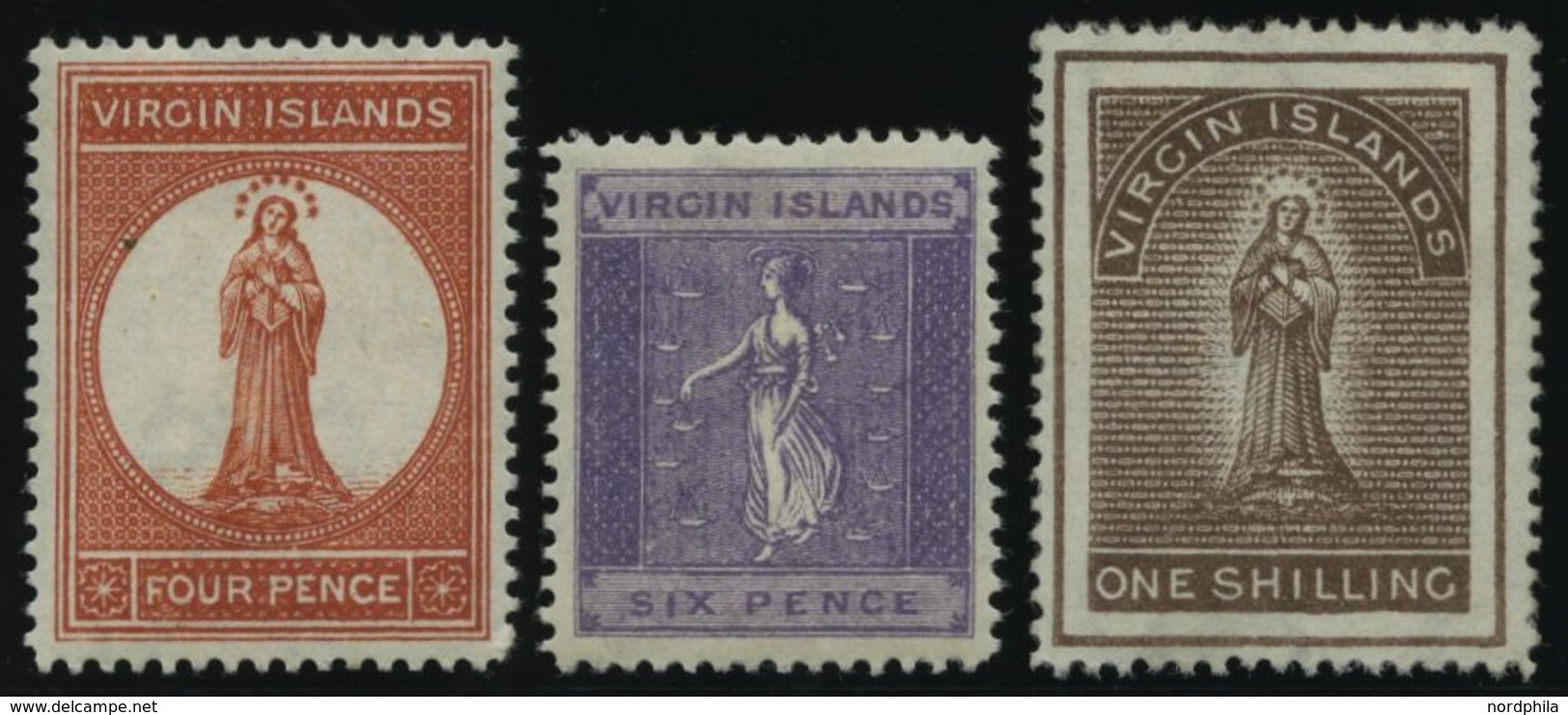 JUNGFERNINSELN 14-16 *, 1887, 4 P. - 1 Sh. Heilige Ursula, Falzreste, 3 Prachtwerte, Mi. 157.- - British Virgin Islands