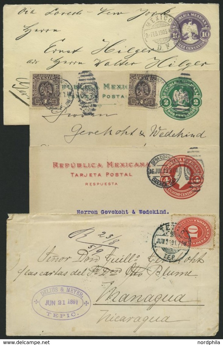 MEXIKO 1905-13, 3 Verschiedene Gebrauchte Ganzsachen Und Ein Bedarfsbrief, Alle Nach Deutschland, Meist Pracht - México
