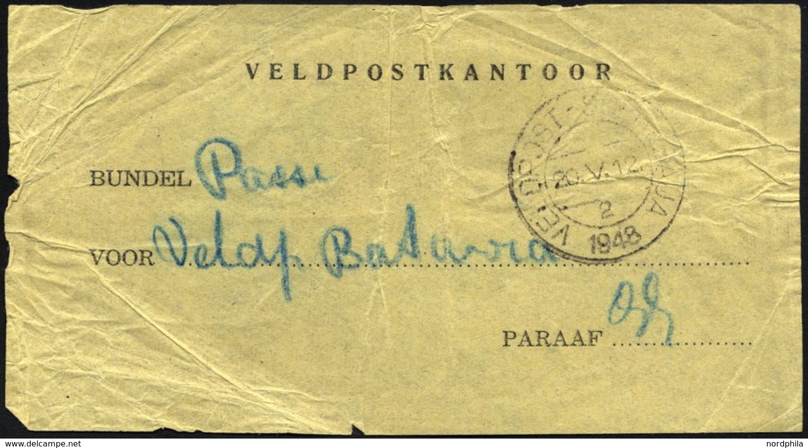 NIEDERLÄNDISCH-INDIEN 1948, Feldpost-Vorbindezettel Für Feldpostsendungen Von Soerabaja Nach Batavia Mit Entsprechendem  - Nederlands-Indië