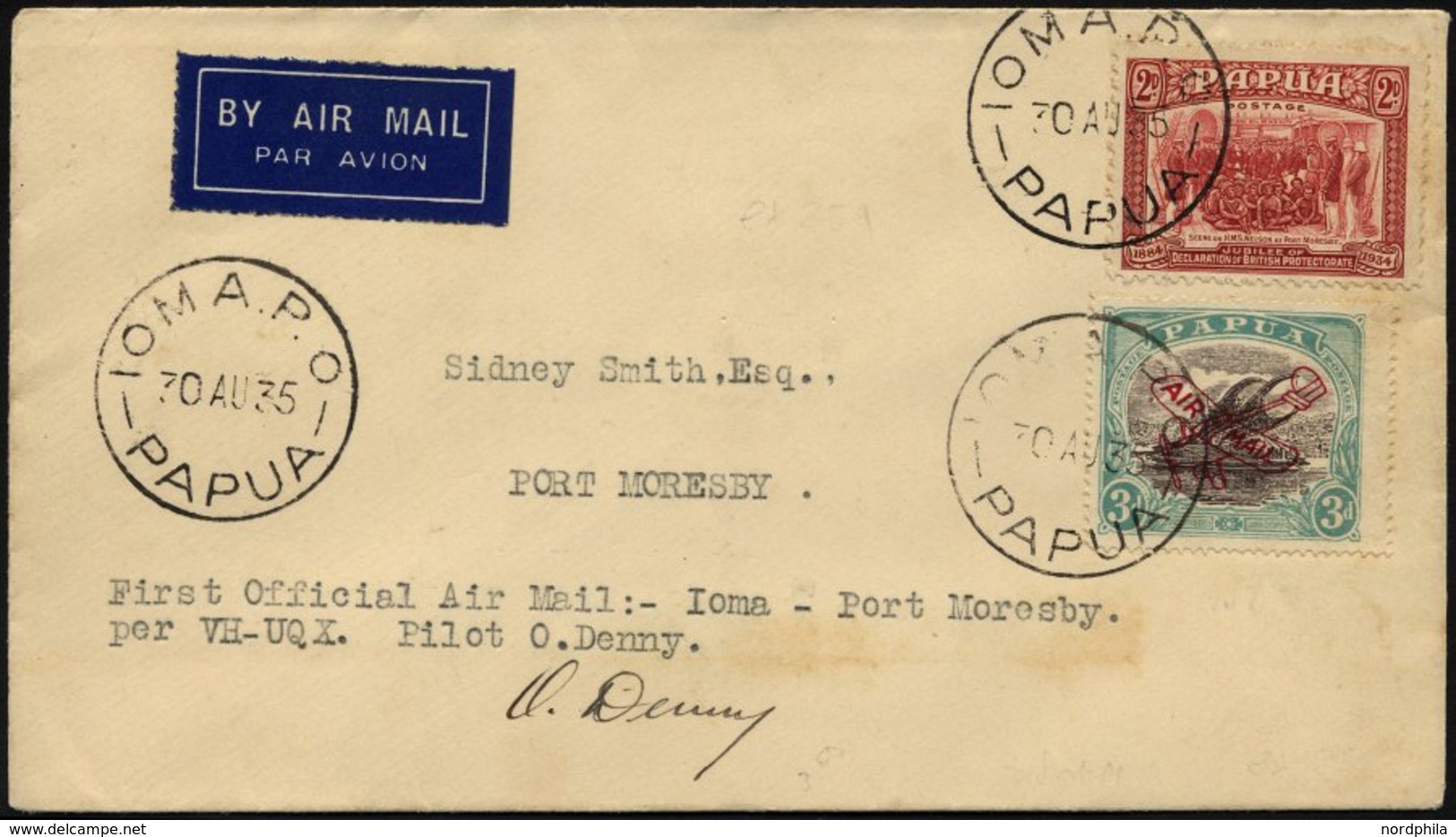 PAPUA 70y,96 BRIEF, 30.8.1935, Erstflug IOMA-PORT MORESBY, Per VH-UQX Pilot O. Denny, Mit Pilotenautogramm, Prachtbrief, - Papua Nuova Guinea