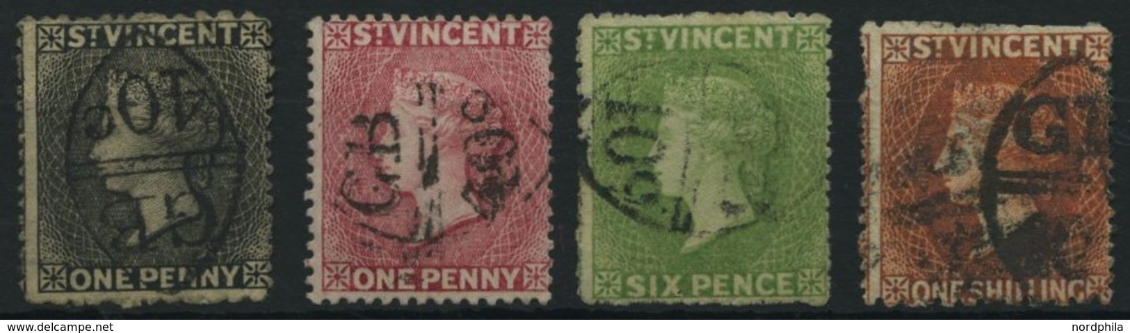 ST. VINCENT 8,13,11cX,32d O, 1871-86, 1 P. Grauschwarz, 1 Sh. Rotorange, 6 P. Gelbgrün, Wz. Stehend Und 1 P. Rosa, (SG N - St.Vincent (...-1979)