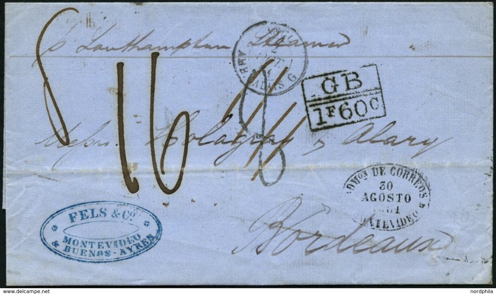 URUGUAY 1861, MONTEVIDEO, Schwarzer Ovalstempel Mit Diversen Tax-Stempeln Nach Bordeaux, Pracht - Uruguay