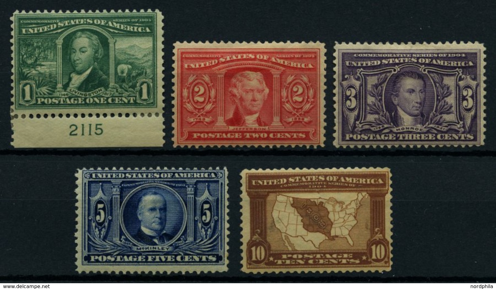 USA 154-58 *, Scott 323-27, 1904, Louisiana-Asustellung, 1 C. Mit Plattennummer, Falzreste, Satz Feinst/Pracht, $ 325 - Other & Unclassified