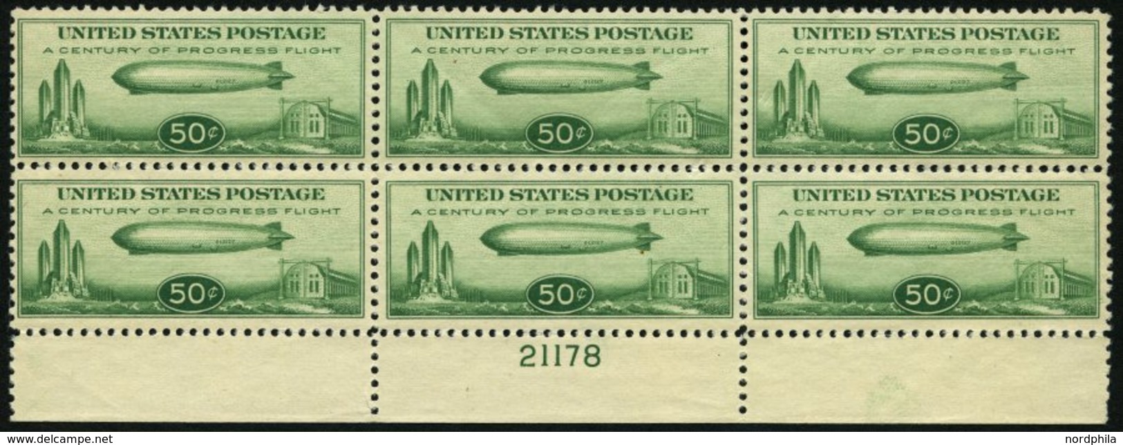 USA **, Scott C 18, 1933, 50 C. Chicagofahrt, Im Postfrischen Sechserblock Vom Unterrand Mit Plattennummer 21178, Unrege - Andere & Zonder Classificatie